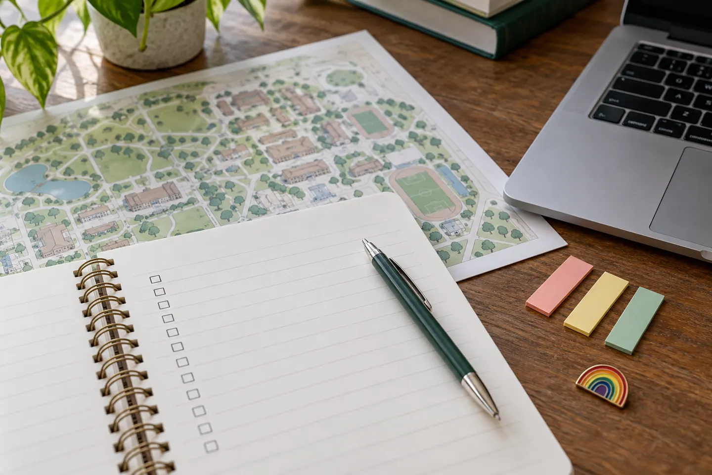 Campus support checklist, map, and notebook without people