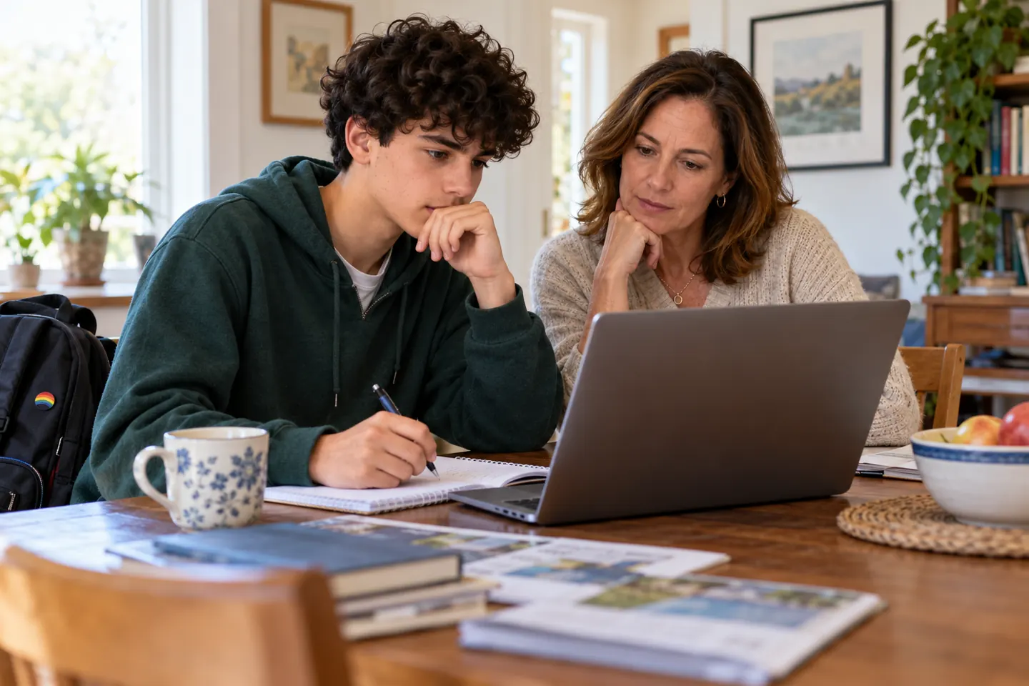 Student and parent reviewing campus support pages together