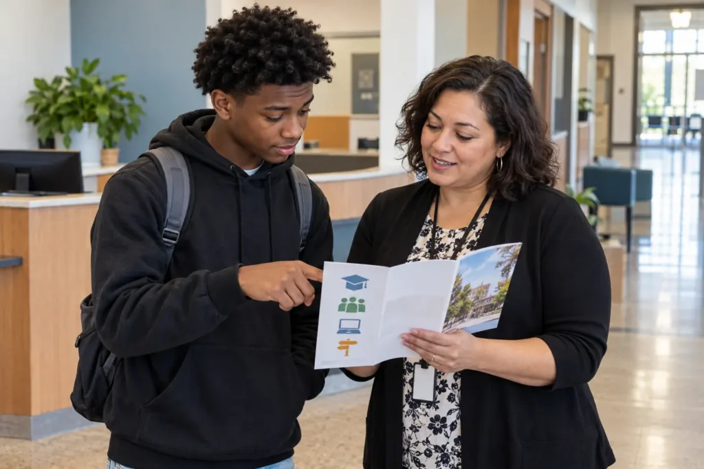 Student discussing campus support services with a college staff member