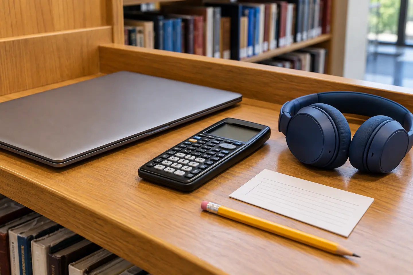 Campus support services study equipment with a laptop calculator and headphones