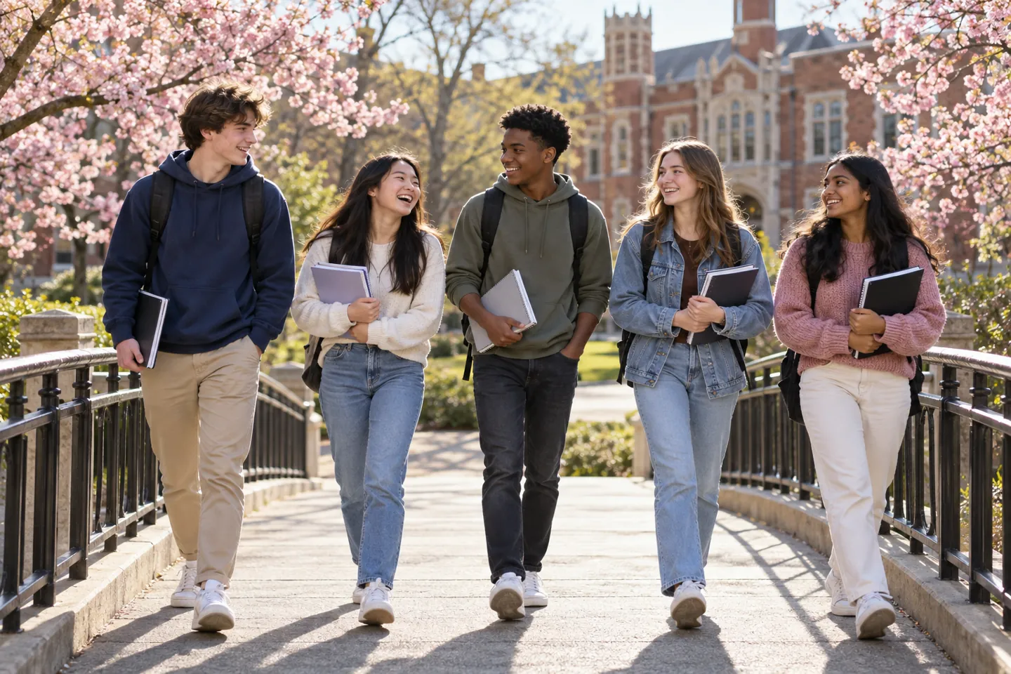 Happy young people walk across an outdoor campus bridge after a college visit
