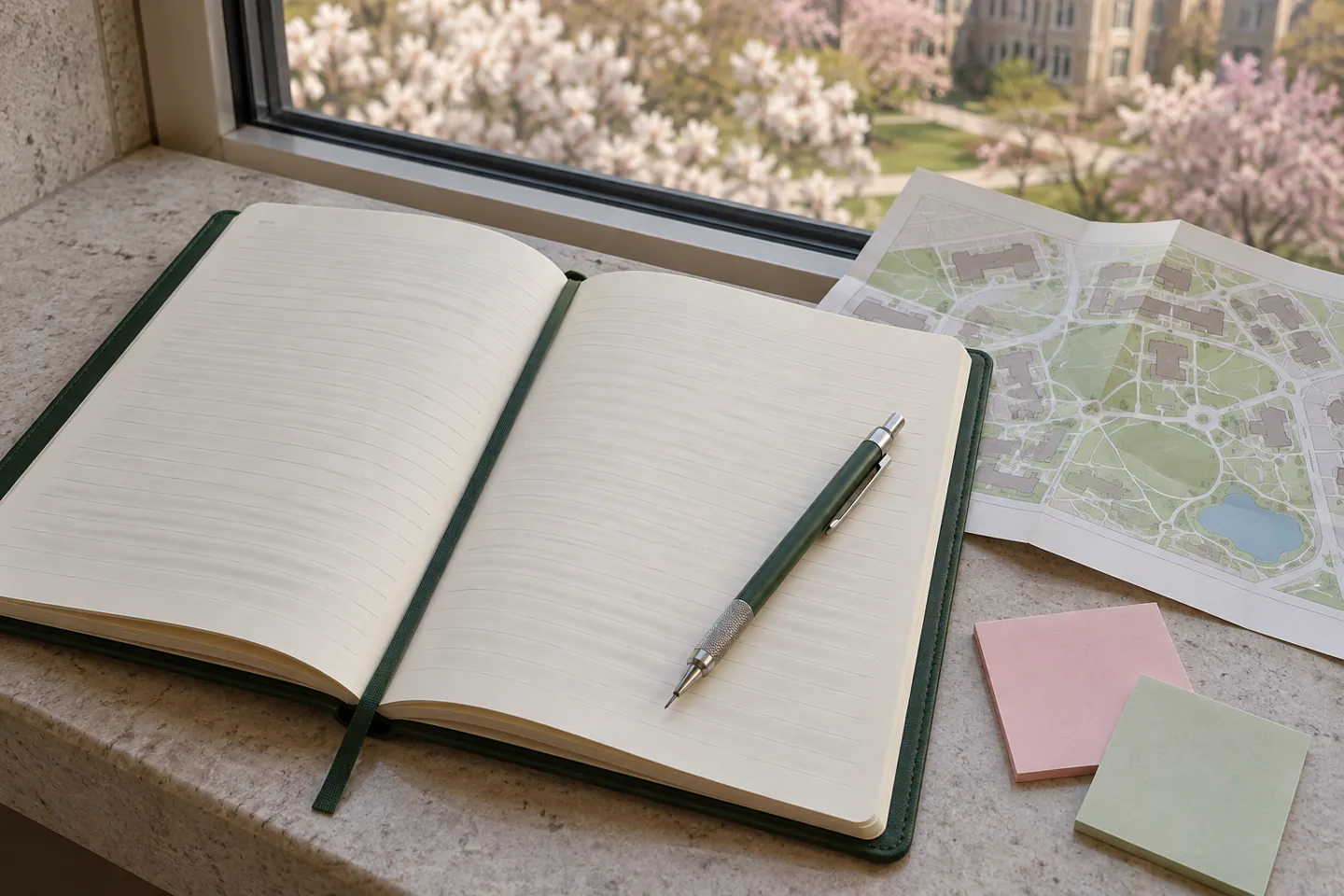 Notebook, pencil, and campus map for a campus visit debrief with no people