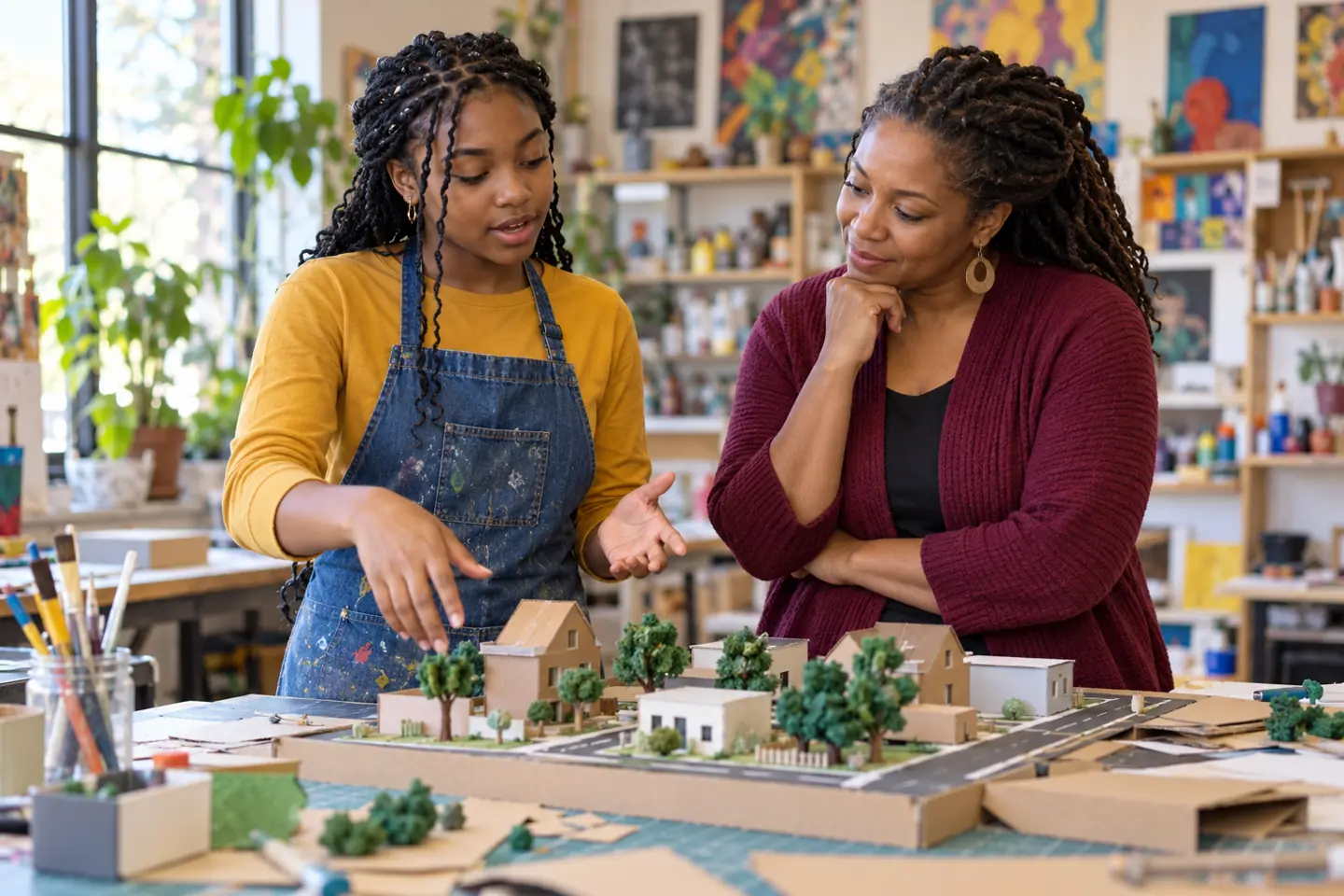 Student and educator discussing a neighborhood model during career activities for high school students