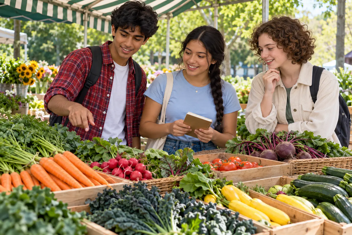 Three happy young people observing produce displays at a public farmers market