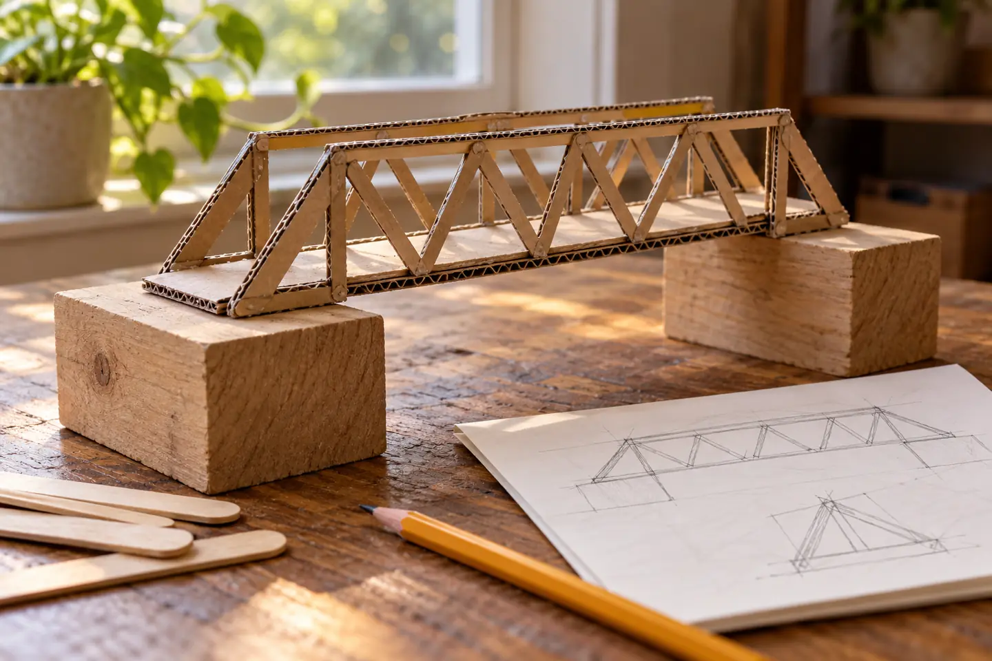 Cardboard bridge prototype and pencil sketch for a small career exploration project