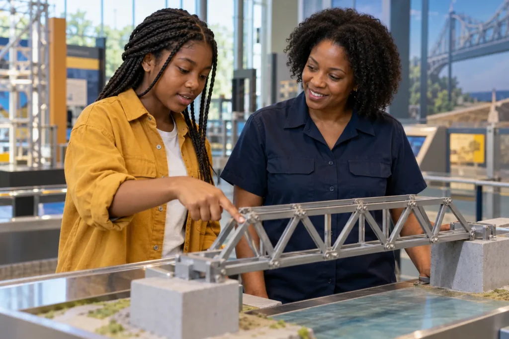 Student and mentor explore a bridge model for a career cluster worksheet activity