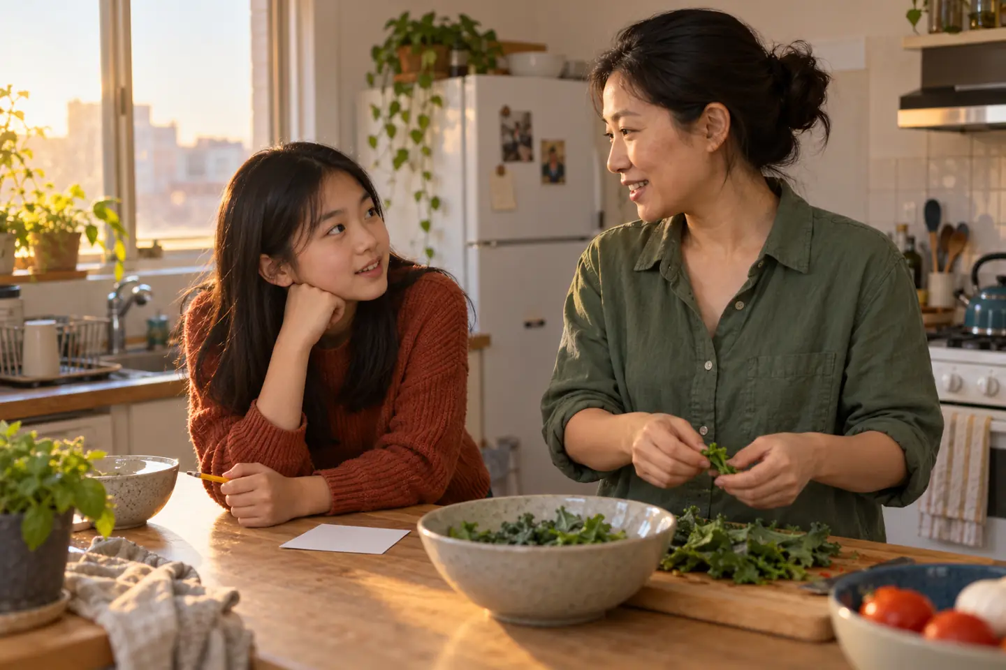 Mother and 8th grader using career conversation starters while preparing food at home