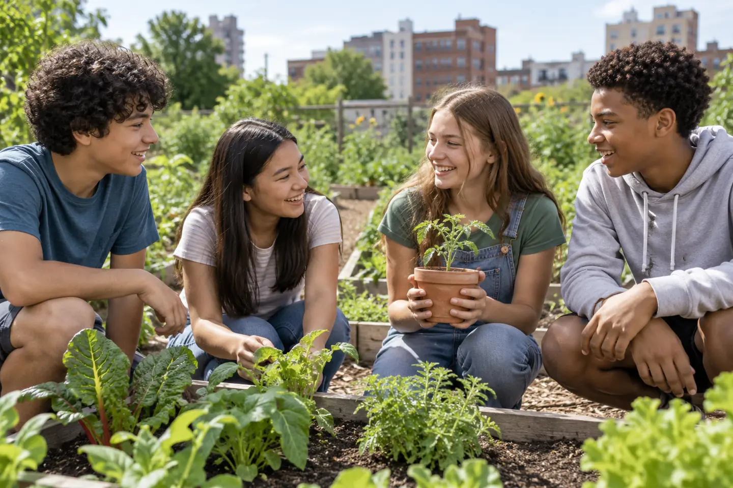 Happy group of four young people exploring plants in a community garden