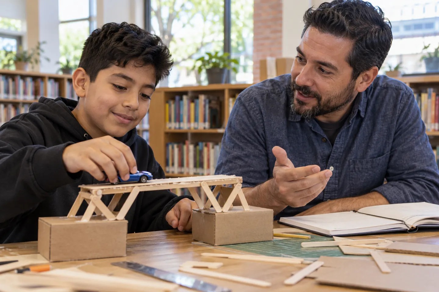 Student exploring a model bridge with a library educator