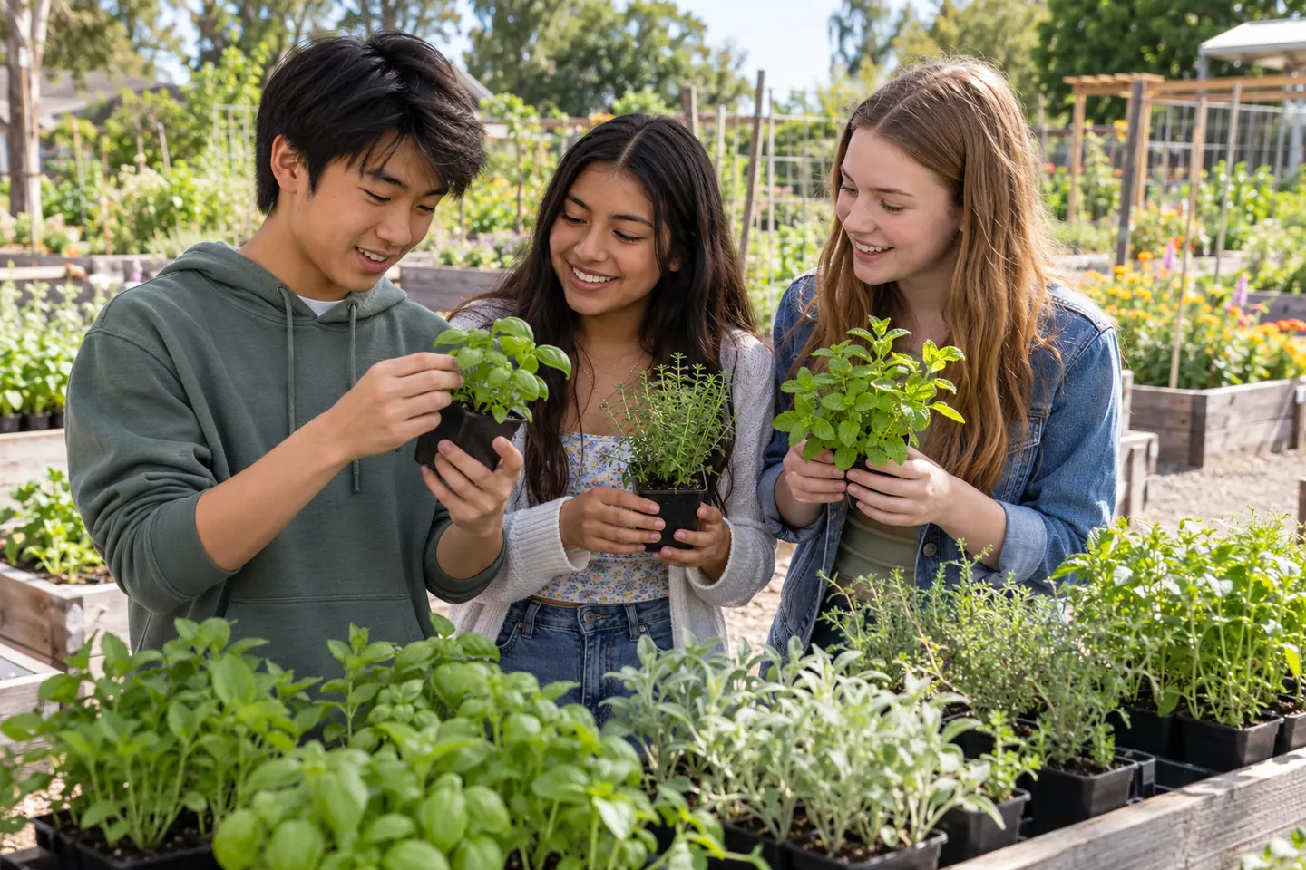 Three happy young students compare herb seedlings outdoors in a community garden
