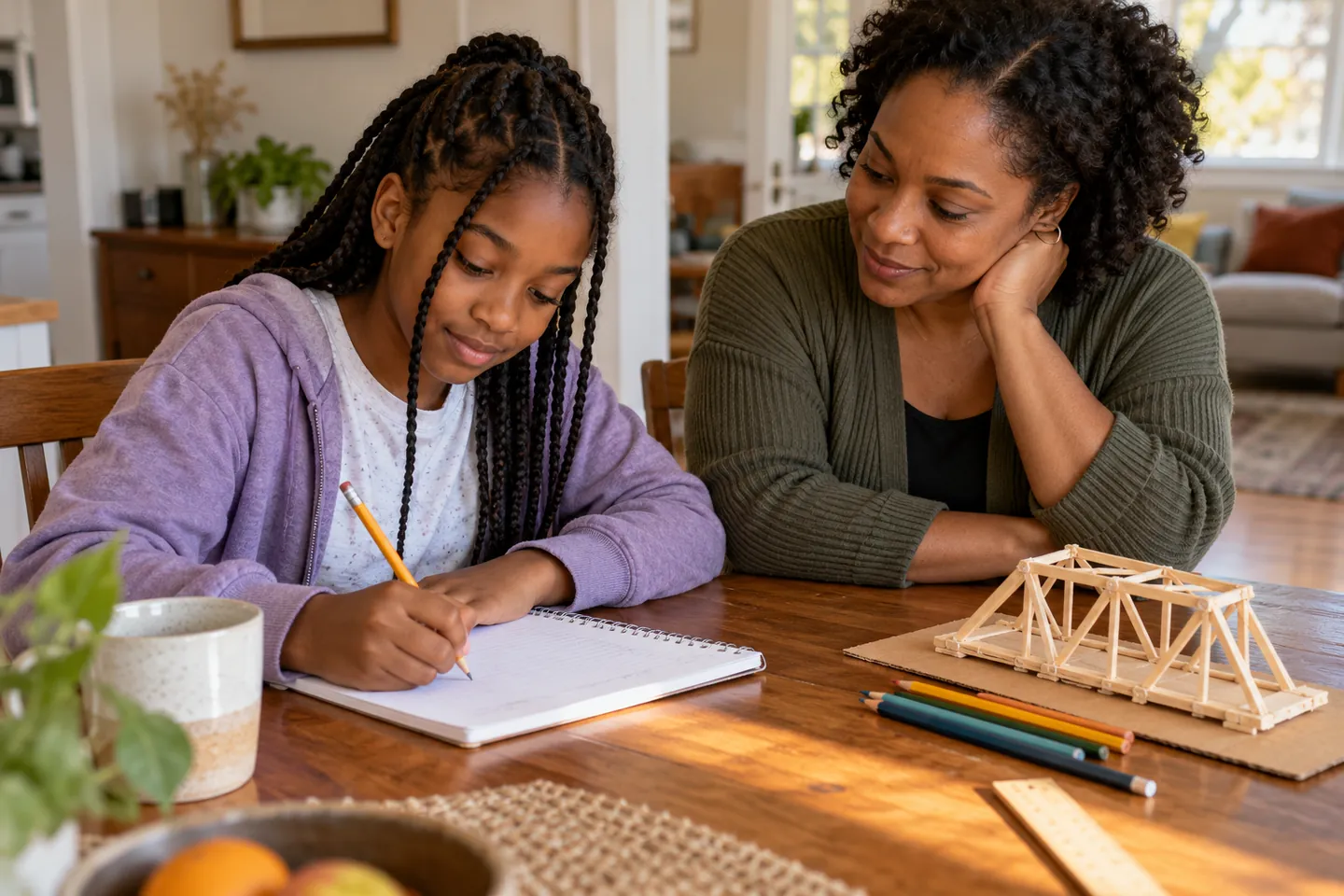 Middle school student writing a career exploration journal with her mother