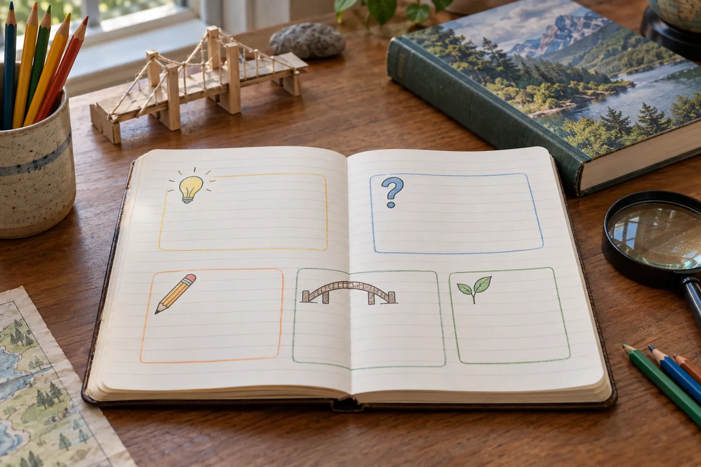 Career curiosity notebook with five prompt boxes and project materials, without people