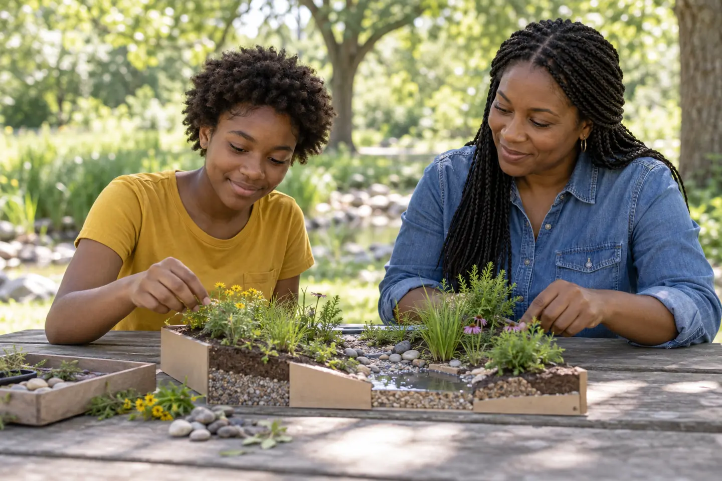 A student and adult educator examine a rain garden model for a career exploration project.