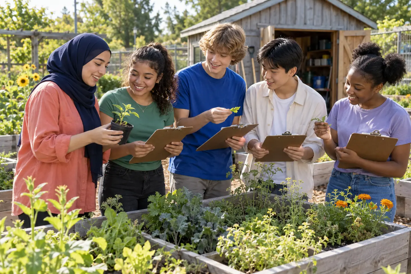 Five young people smile while comparing plant samples in a community garden.