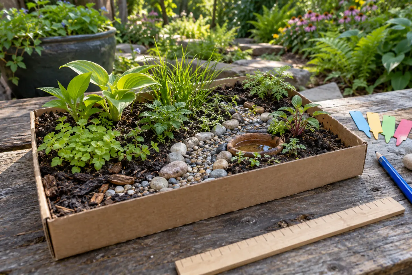 Close-up of a miniature rain garden model with plants, pebbles, and a small basin.