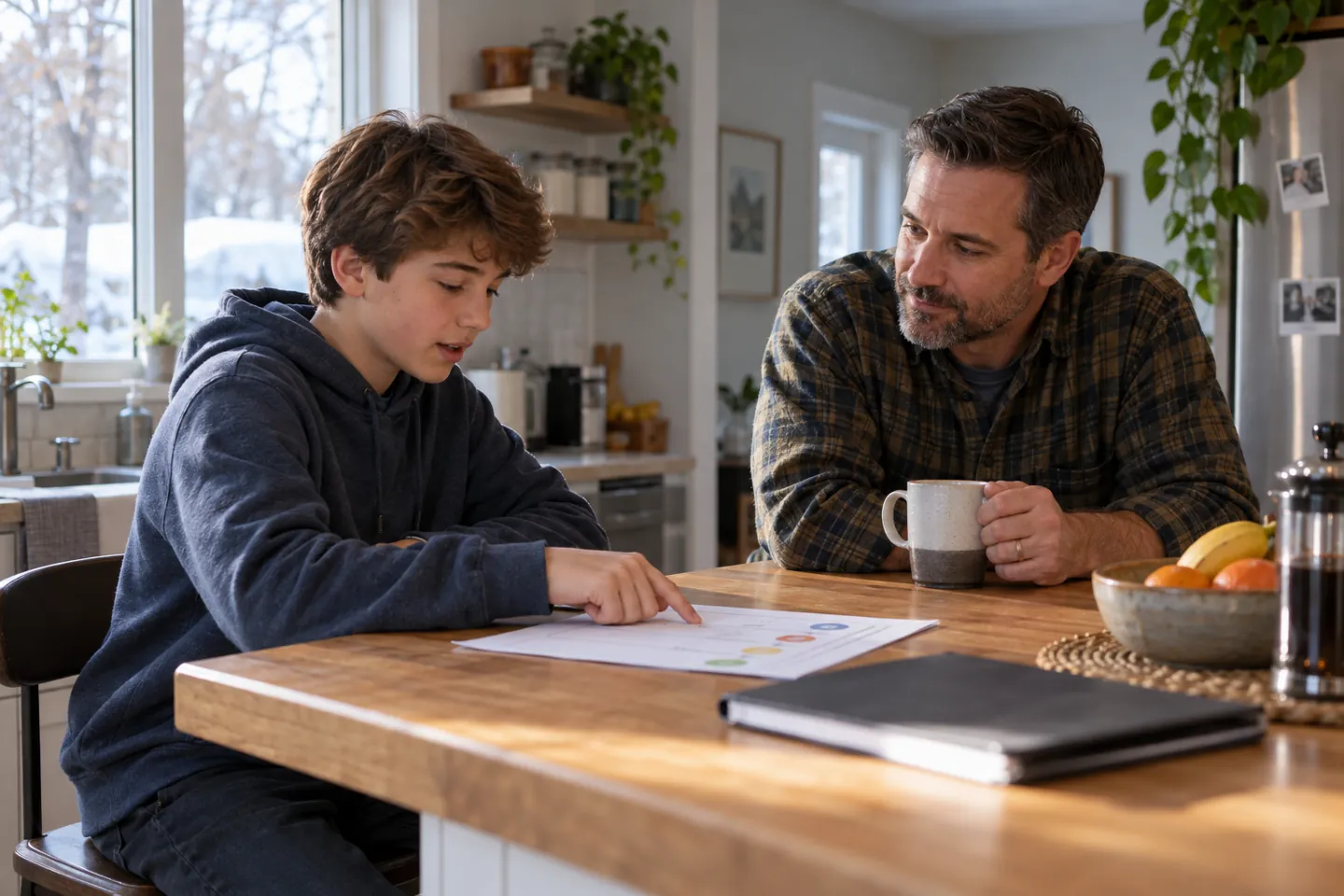 Student and father plan a small activity with a career exploration worksheet PDF