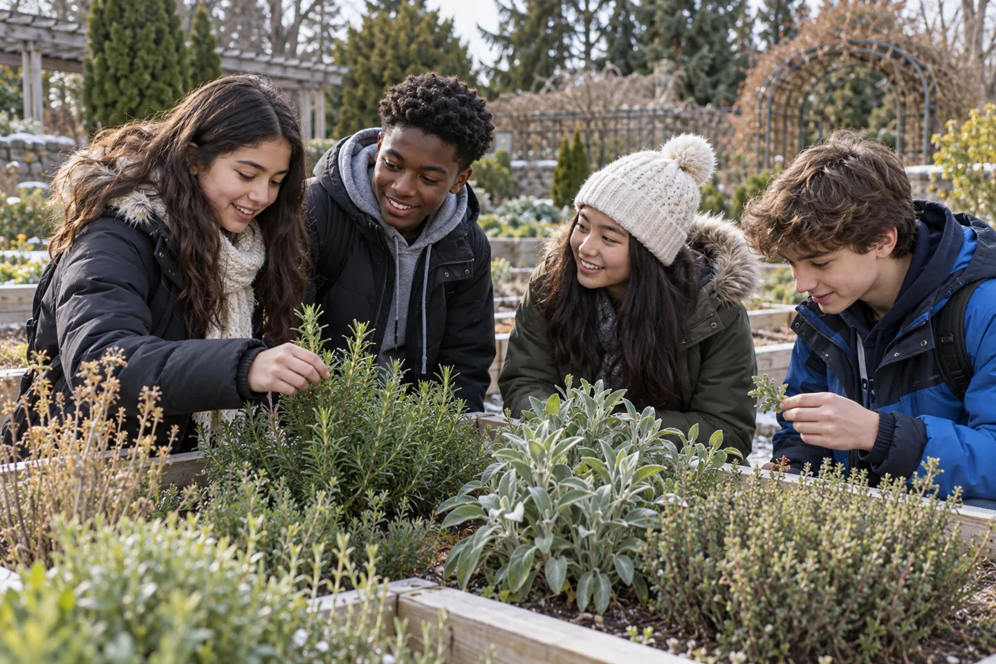 Happy young students explore herbs together in a public botanical garden