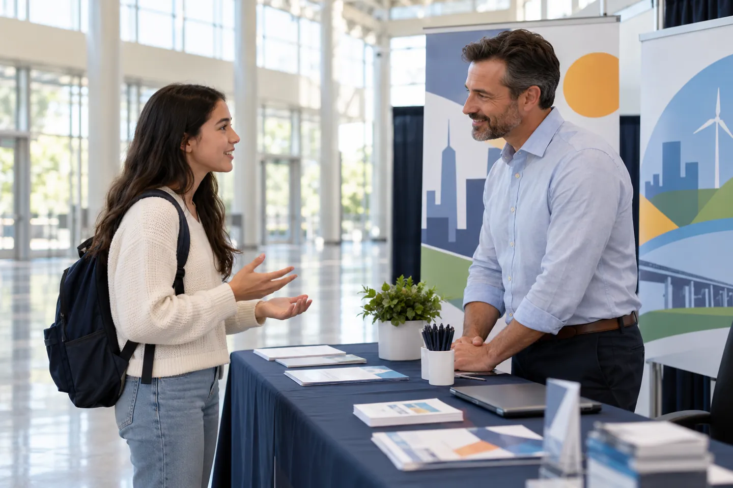 Student and professional discuss career fair questions for students at an information booth