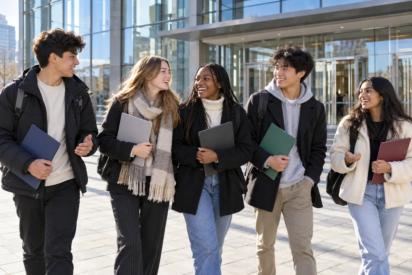Happy young students walk together outside a public convention center with career event folders
