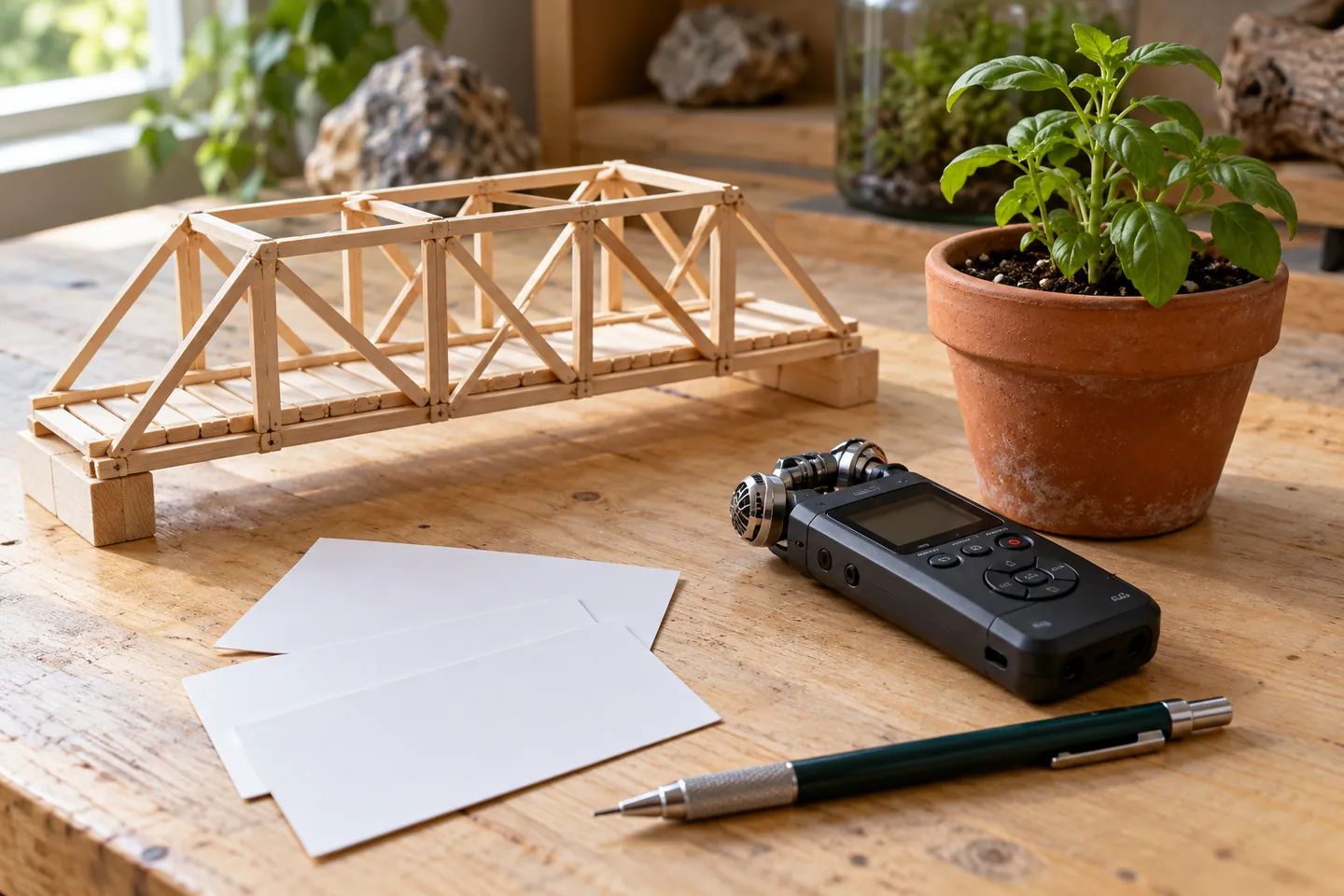 Wooden bridge model, herb seedling, audio recorder, and blank cards for three career experiments