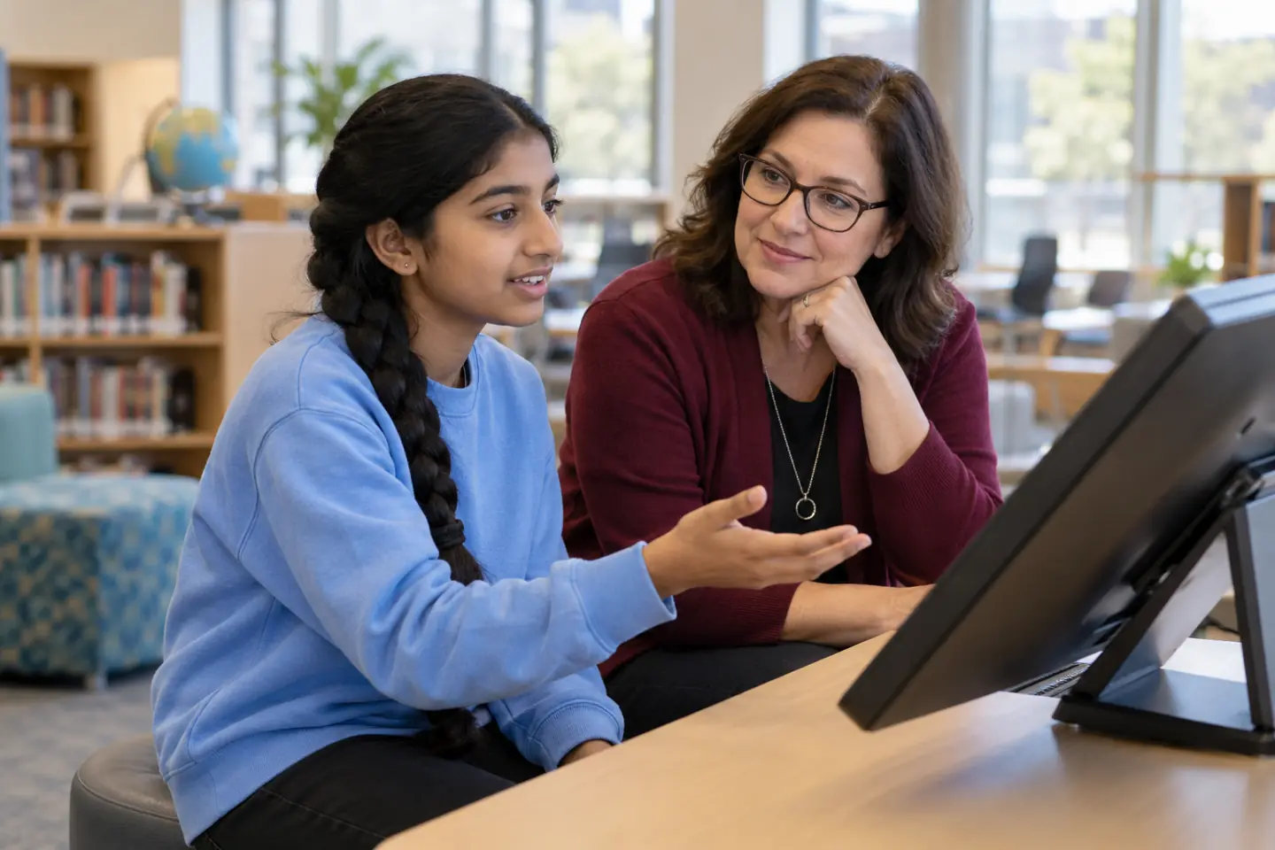 A student and counselor discuss career planning tools at a school media-center workstation.