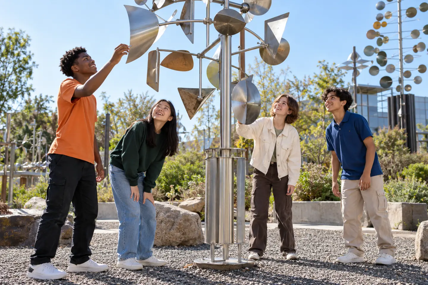 Four happy teens explore a wind sculpture in a public outdoor science museum garden.