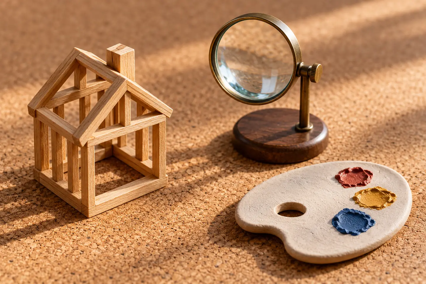 A miniature house frame, magnifying lens, and artist palette on cork represent career curiosity without people.