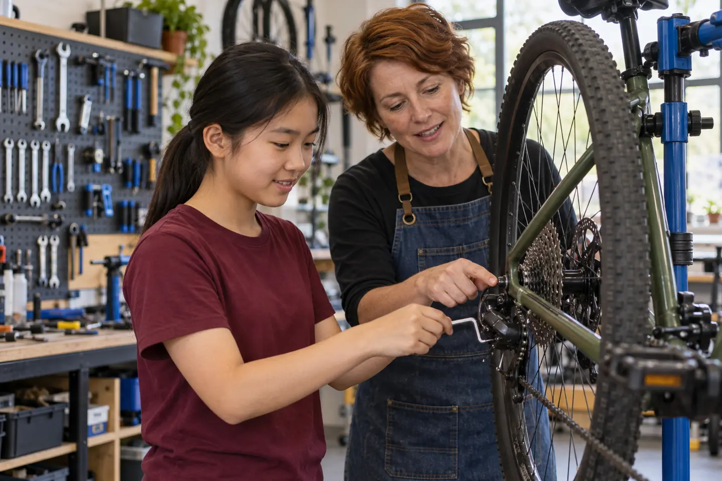 Student and instructor in a bicycle workshop showing how to choose extracurricular activities that build skills