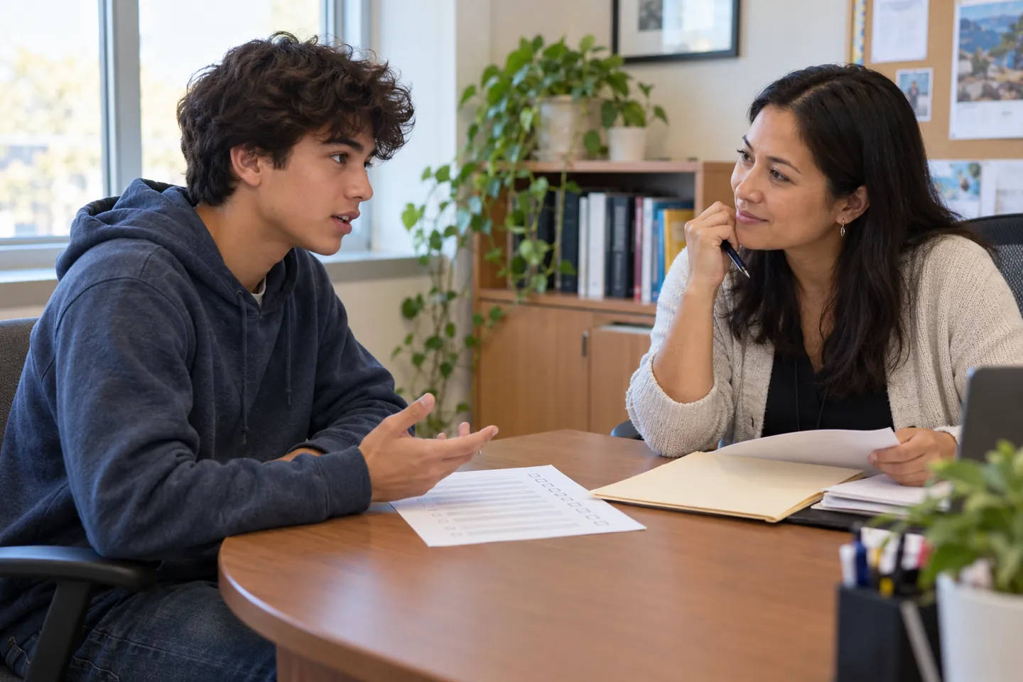 A high school senior and counselor review a college application checklist together.