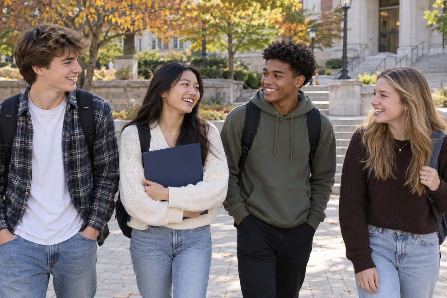 Four happy high school seniors gather outdoors in a campus plaza after an information event.