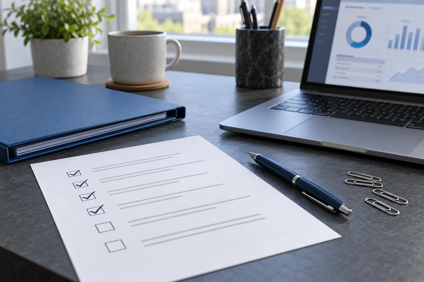 A college application checklist, blue folder, pen, and laptop illustrate preparation without people.