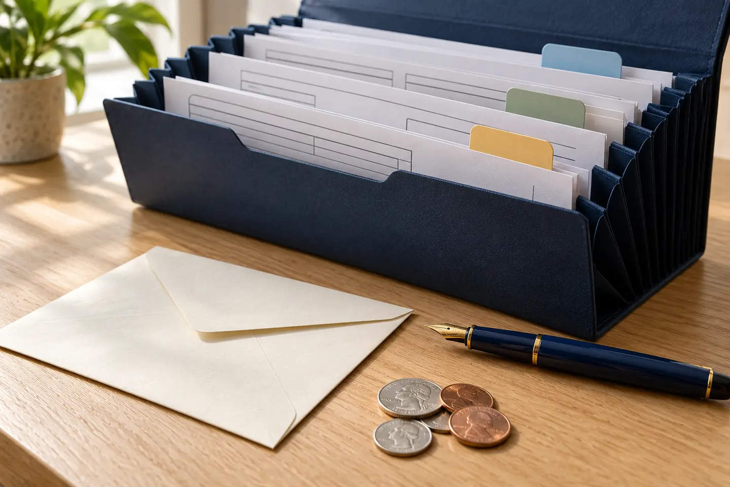 College application fee waiver planning folder with envelope, pen, and coins