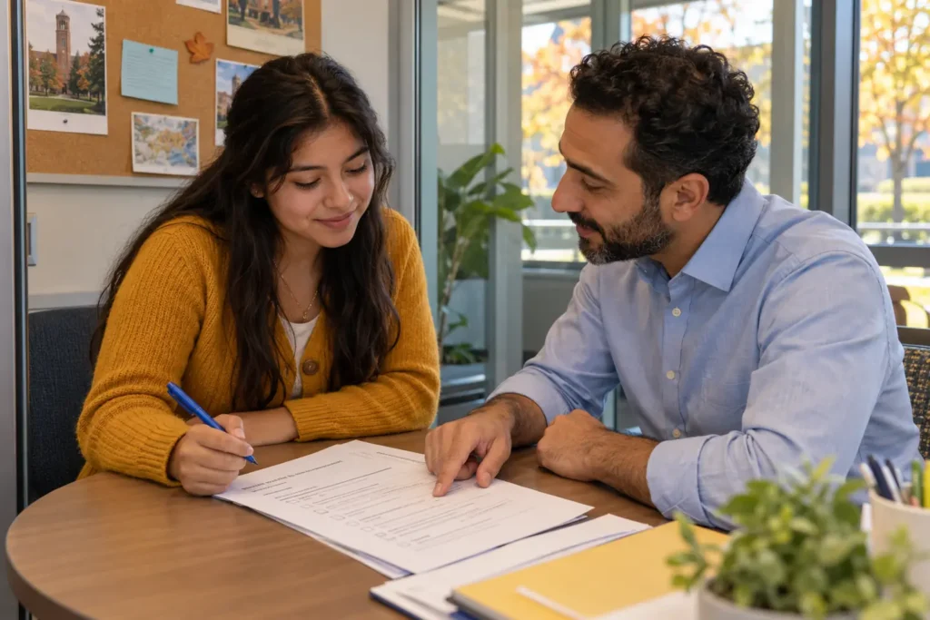 Student and counselor reviewing a college application fee waiver checklist
