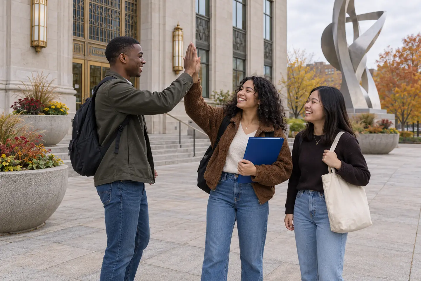 Three happy young students outside a public library after application planning