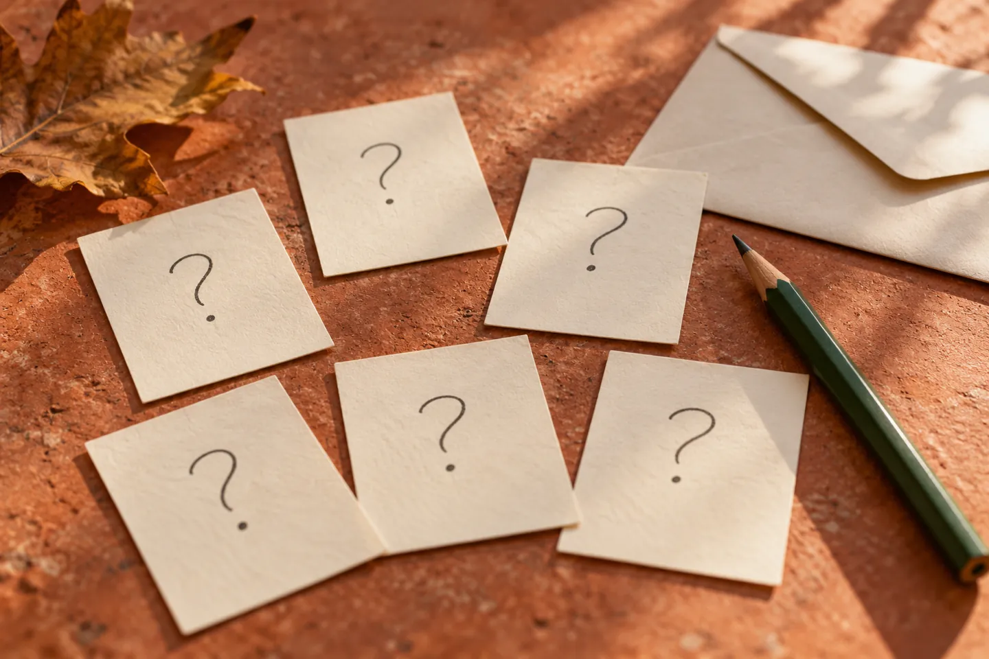 Close-up of college conversation cards with question marks, a pencil, and an envelope without people