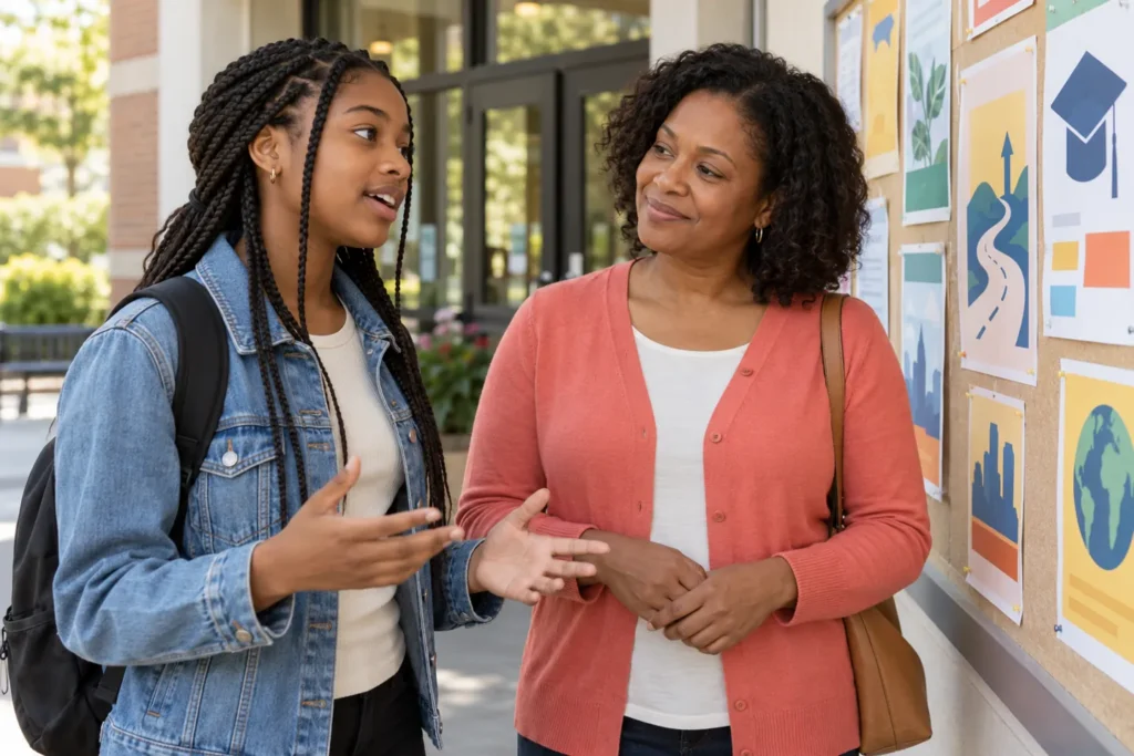 Student and mother having a college conversation beside a community-center bulletin board
