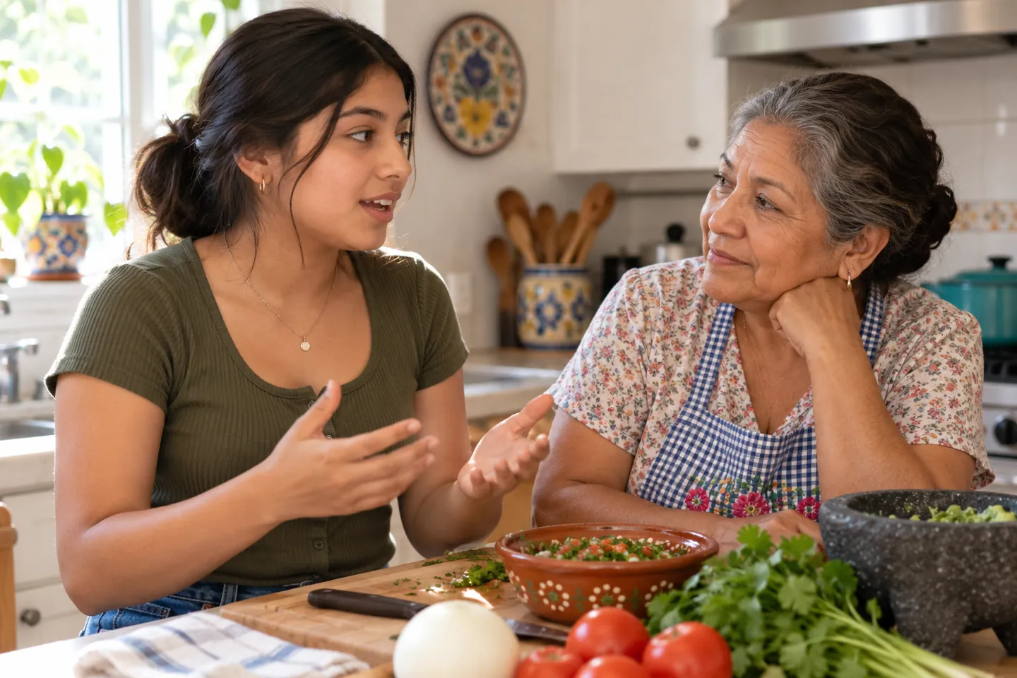 A teenager and grandmother share college conversations while preparing a meal together.