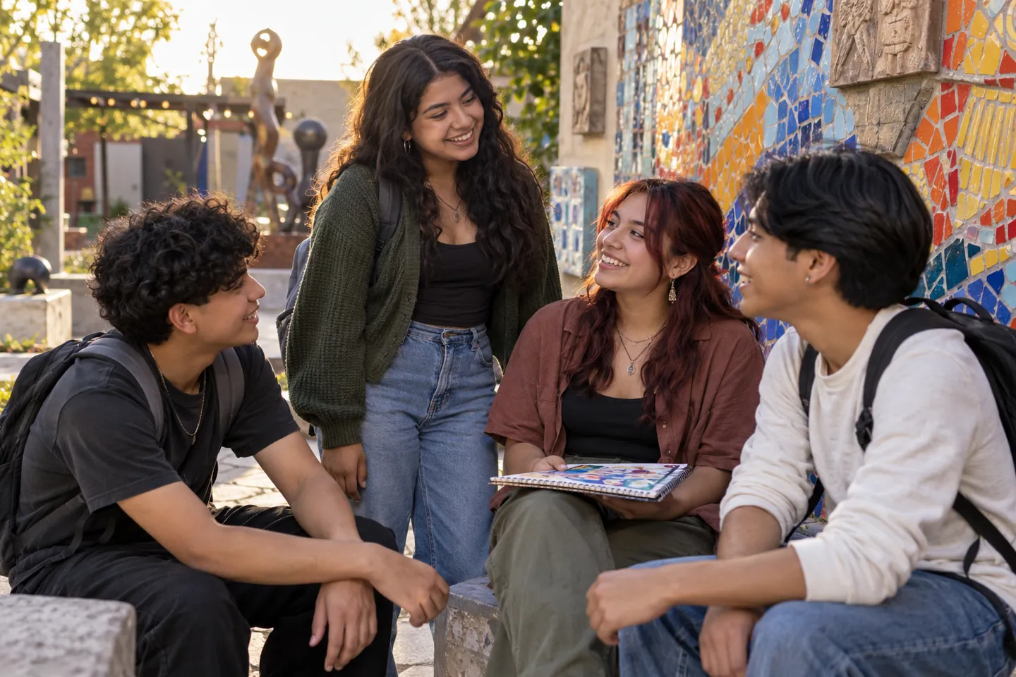 Four happy young people talk together in an outdoor community arts courtyard.