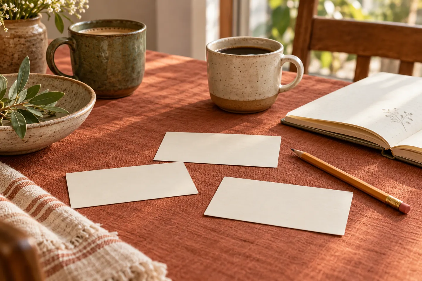 Blank conversation cards, mugs, and a notebook prepare for college conversations without people.