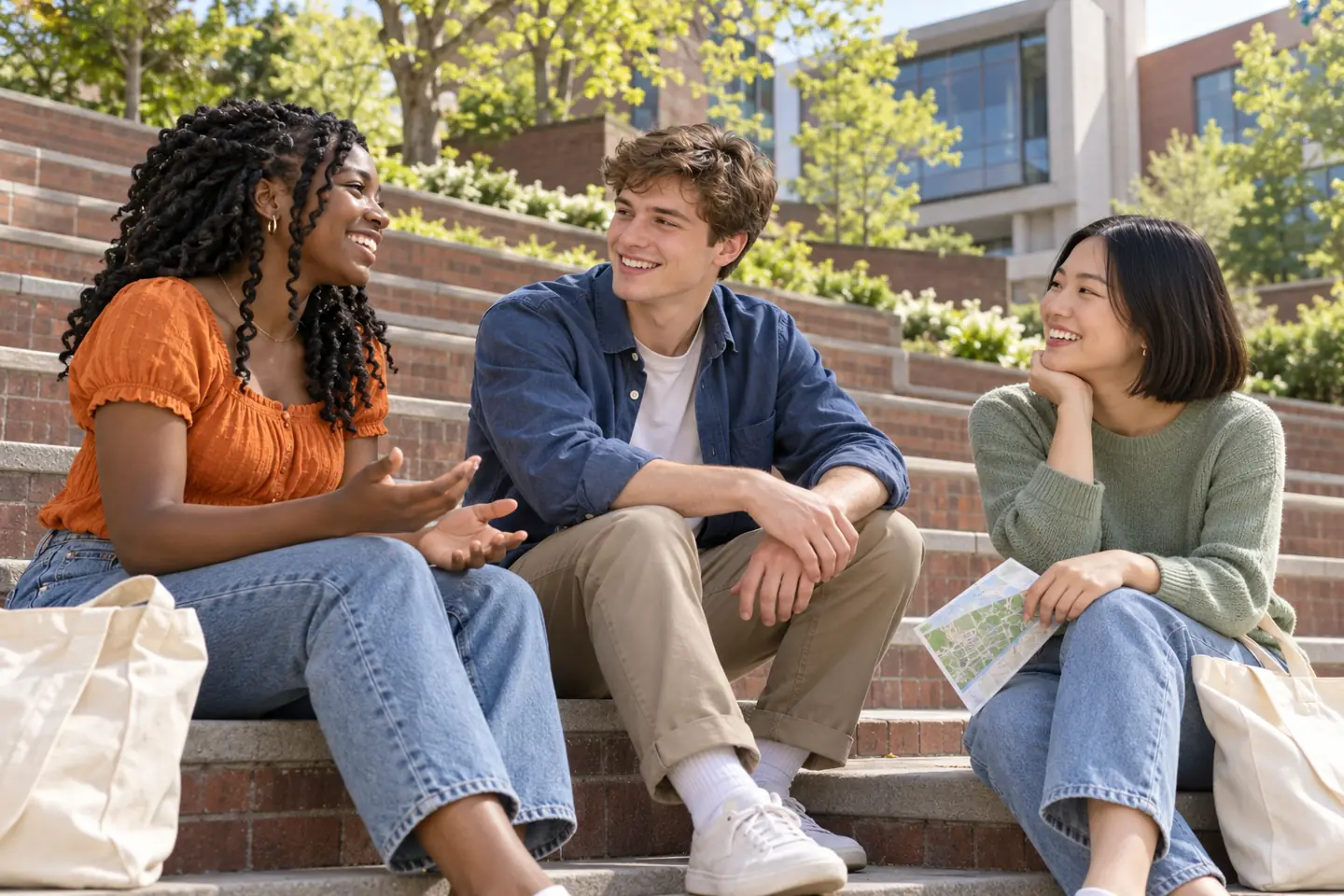 Three happy young people chatting on outdoor campus steps after an enrollment information session