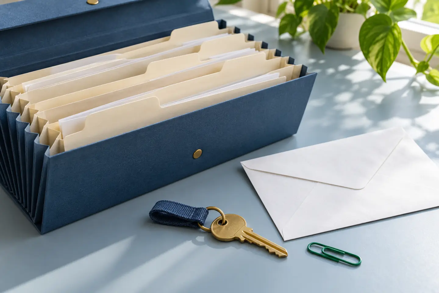 Accordion document organizer, blank envelope, and key for college enrollment next steps