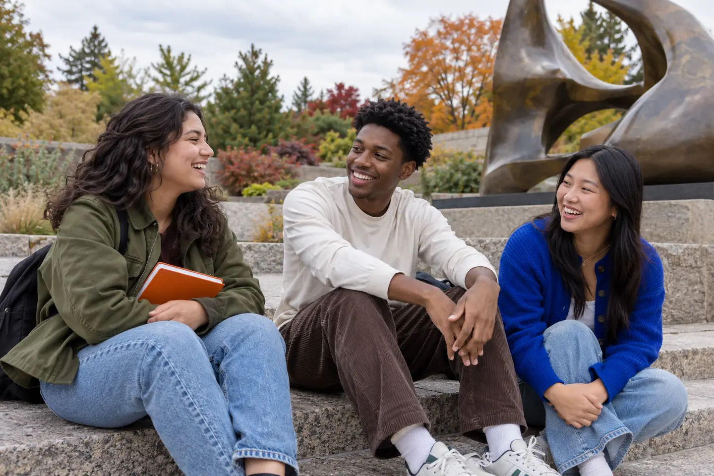 Three happy young friends sharing writing ideas in an outdoor sculpture garden