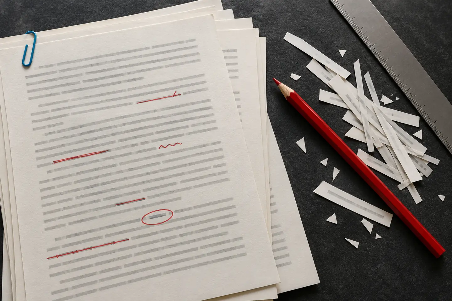 College essay word count revision pages with red pencil and trimmed paper strips