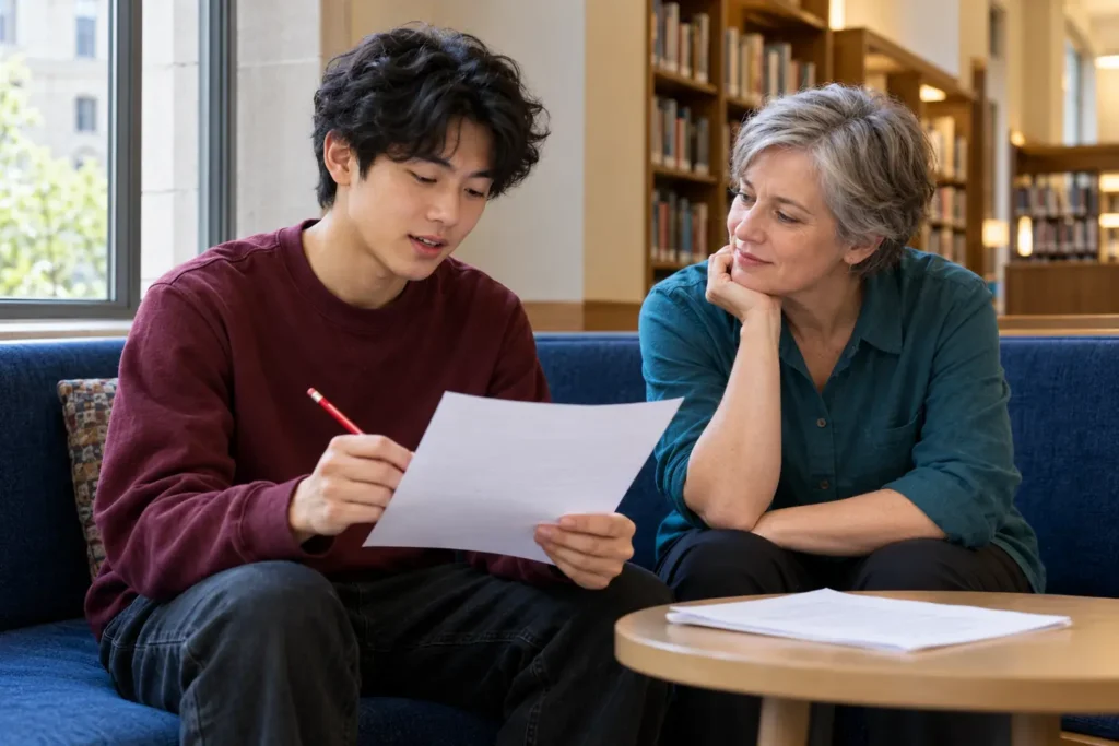 Student and writing mentor reviewing college essay word count in a library alcove