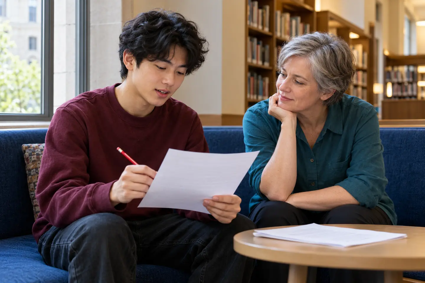 Student and writing mentor reviewing college essay word count in a library alcove