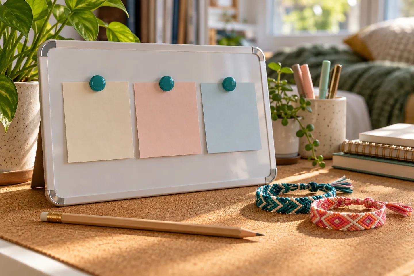 Weekly college goals board with blank cards and woven friendship bracelets
