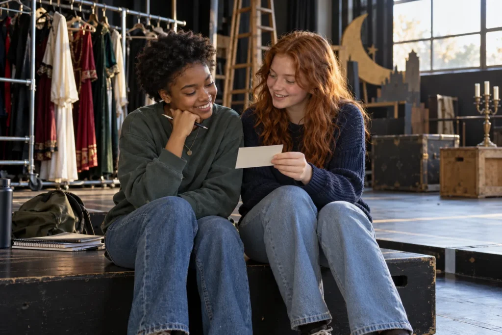 Two student friends discussing college goals in a school theatre