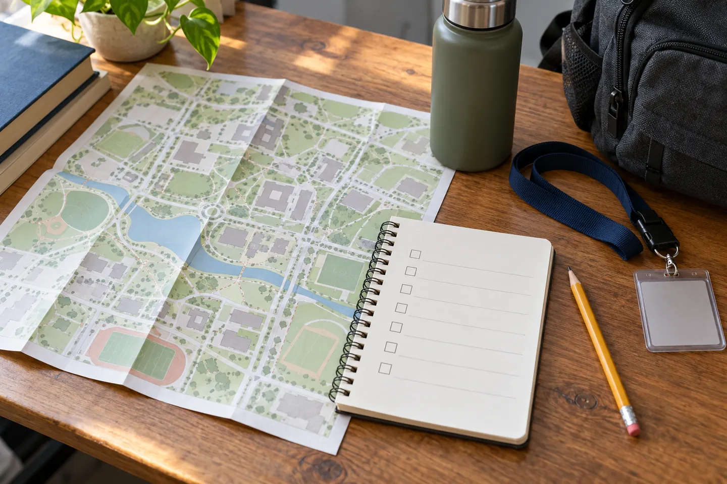 Campus map, question checklist, pencil, and lanyard with no people