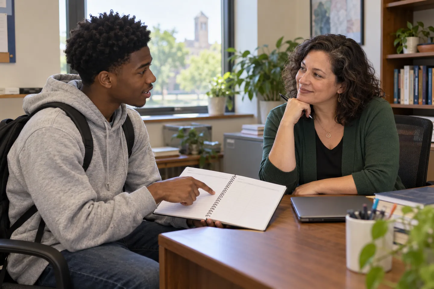 Student asking an academic adviser about first-term course planning