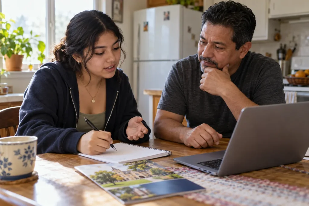 Student and father preparing college orientation questions at home